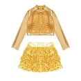 thumbnail image 3 of TiaoBug Kids Girls Shiny Ballet Jazz Dance Skirts Outfits Long Sleeve Metallic Crop Top with Tassel Skirted Set Gold 14, 3 of 5