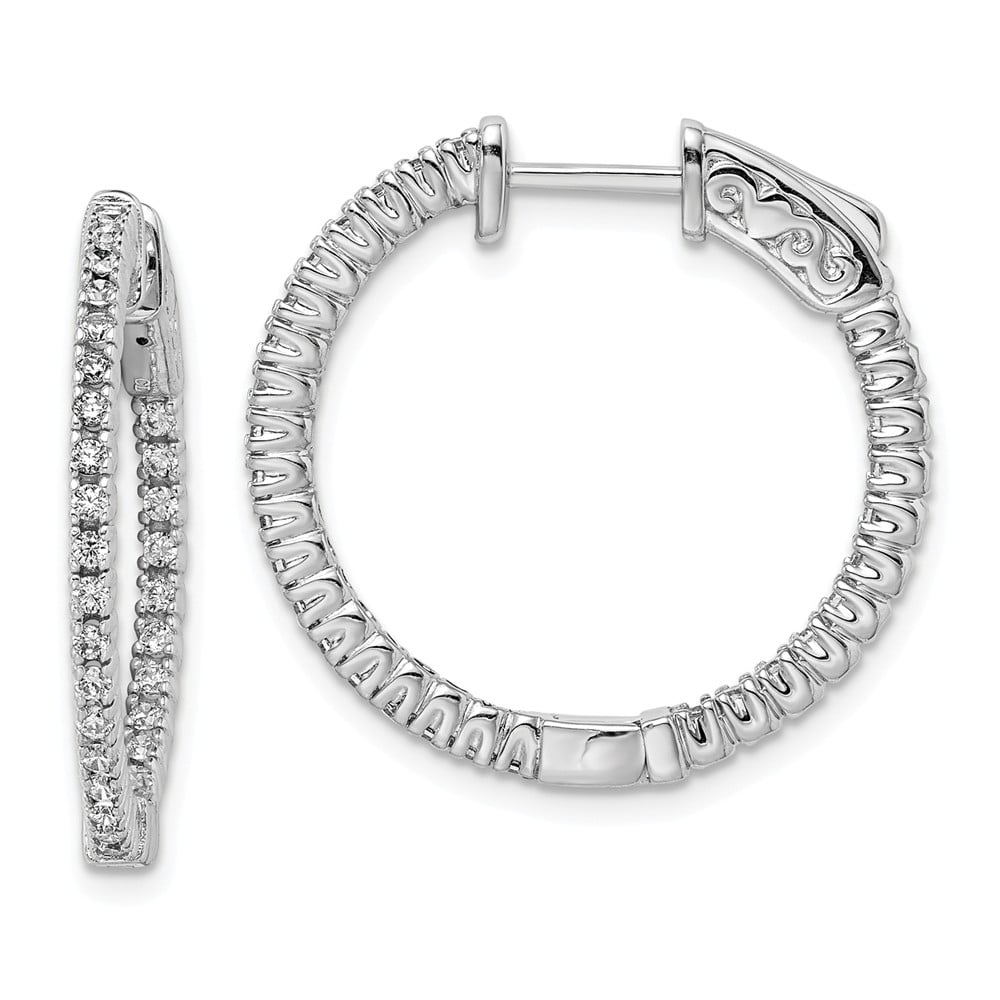 Sterling Silver CZ 60 Stones In and Out Round Hoop Earrings