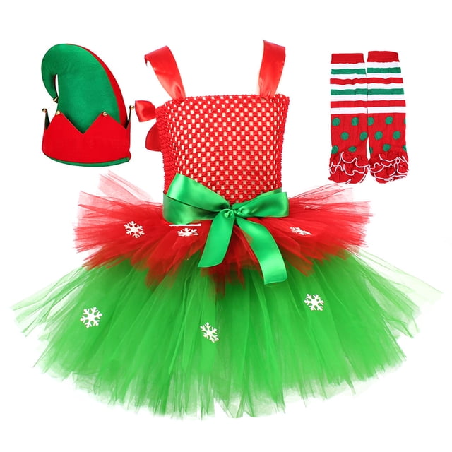 Conjunto de elfo navideño verde con diseño de moda navideña, juego de rol para fiestas, falda de ballet para niñas, falda abullonada