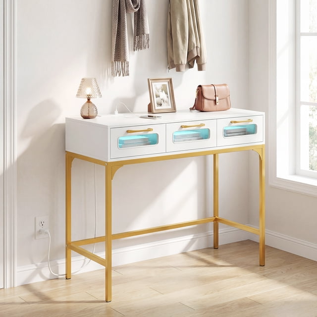 Costway Console Table with LED Lighting & Charging Station,Entryway Table with 3 Drawers White+ Golden