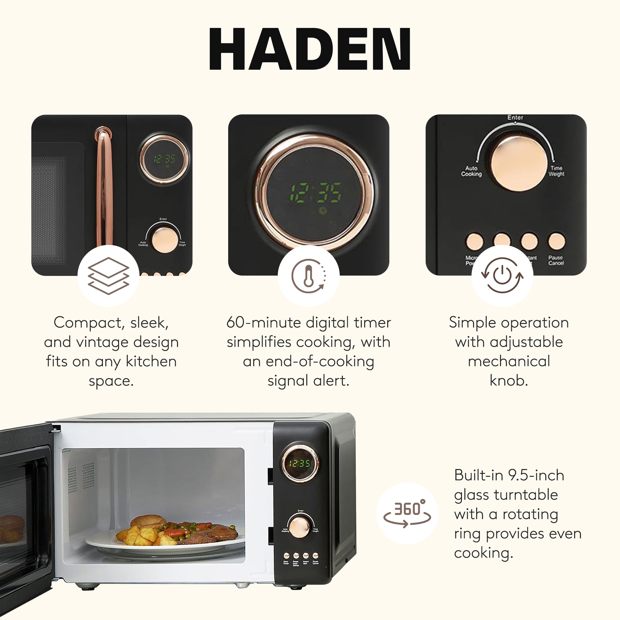 Haden 700W 0.7 Cubic Foot Microwave Oven w/ Digital Controls, Black/Copper