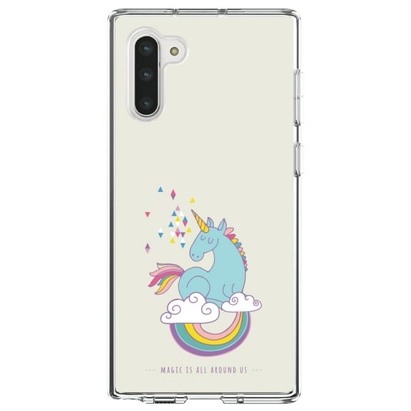 DistinctInk Clear Shockproof Hybrid Case for Samsung Galaxy Note 10 (6.3" Screen) - TPU Bumper, Acrylic Back, Tempered Glass Screen Protector - Unicorn Rainbow - Magic Is All Around Us