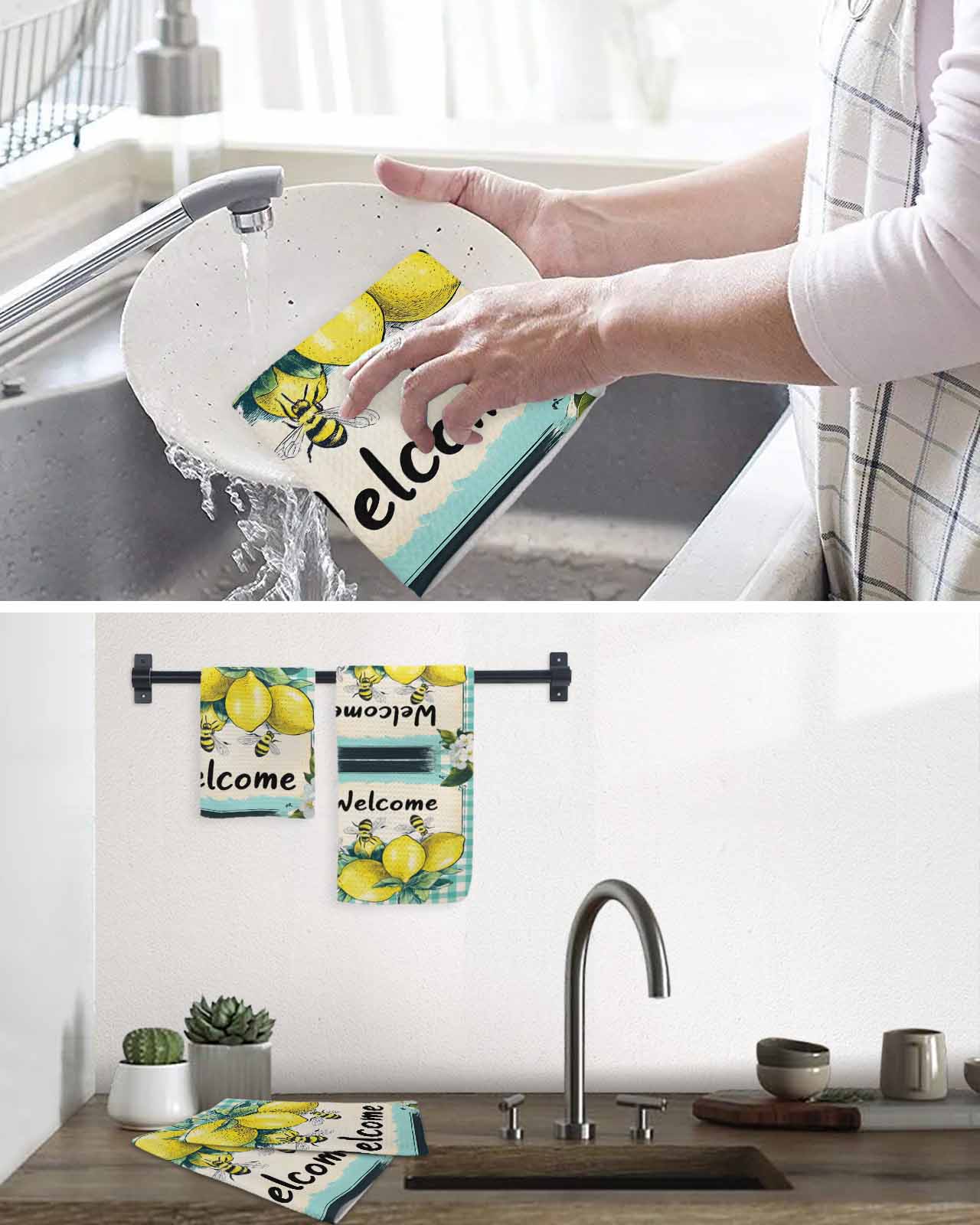 Summer Lemon Kitchen Dish Towels for Drying Dishes Set of 4, Spring Bees Turquoise Plaid Waffle Weave Microfiber Terry Hand Tea Bathroom Towels Quick Dry & Absorbent Towel 12x12