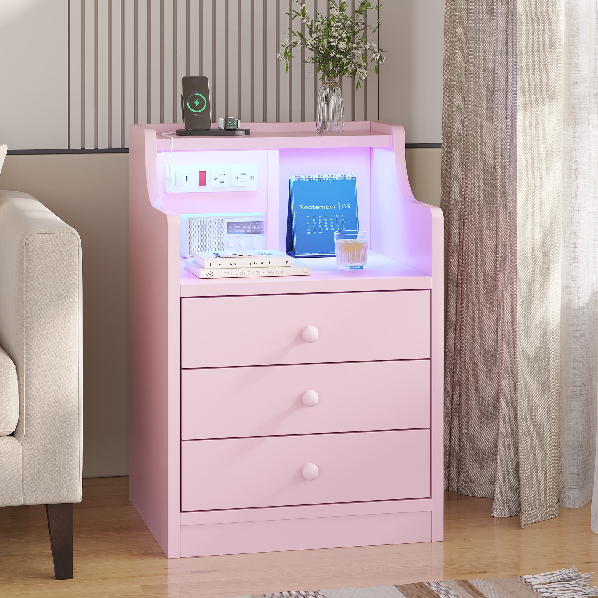 Pink Nightstand with Charging Station and LED Lights for Bedroom, Morden Night Stand with Hutch and Storage Drawers,End Side Table- 1Pcs
