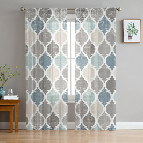 Teal Blue Grey Geometric Sheer Curtains 72 Inches Long 2 Panels Set, Window Sheer Curtains for Living Room/Bedroom, Morocco Abstract Art Light Filtering Rod Pocket Curtain 52'' x 72'' x 2