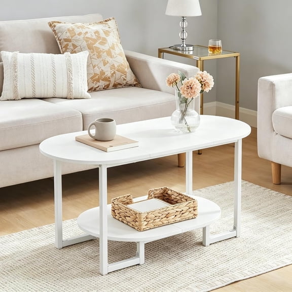 Oval Two-Tier Open Shelf Coffee Table with Wooden Desktop in White