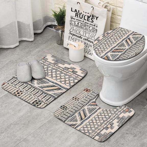 Beige Geometric Stripe Diamond Pattern Bathroom Rugs Sets 3 Piece,Toilet Cover Set,Absorbent Non Slip Bathroom Mats Sets with U-Shaped Contour Rug Toilet Rug Set