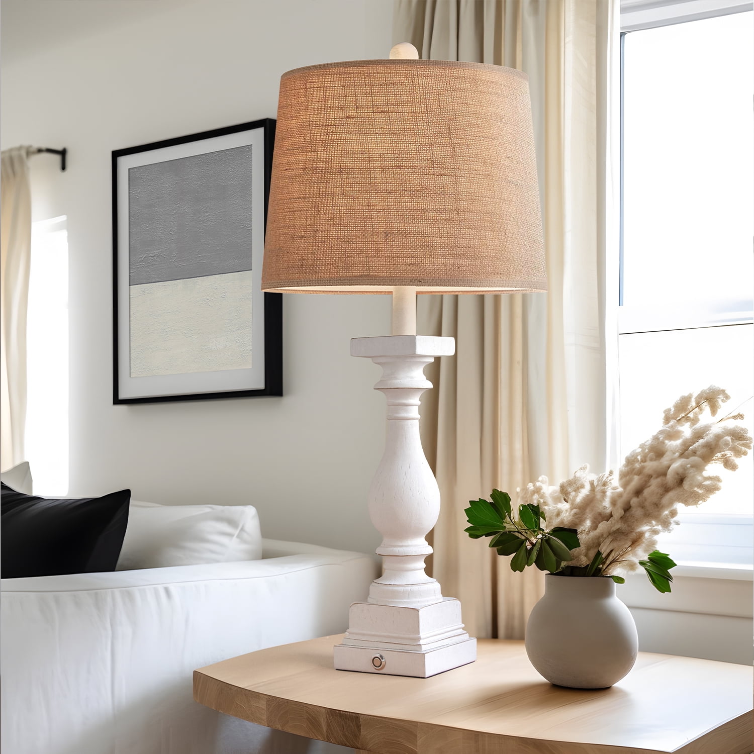Oneach 3 Way Dimmable Touch White Table Lamp Set of 2 with USB Ports for Living Room Bedroom 27.75" Farmhouse Resin Bedside Nightstands Lamps(Bulbs)