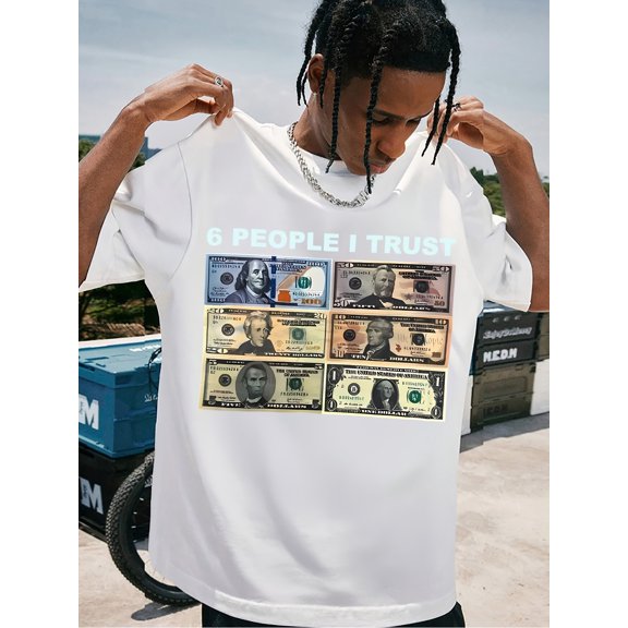 T-shirtMen'S '6 People I Trust' Pattern Pure Cotton T-Shirt- Vintae Style, Loose Fit Round Neck Short Sleeve T-Shirt with Coin Print, Perfect for Casual Outdoor Wear and Daily Wear