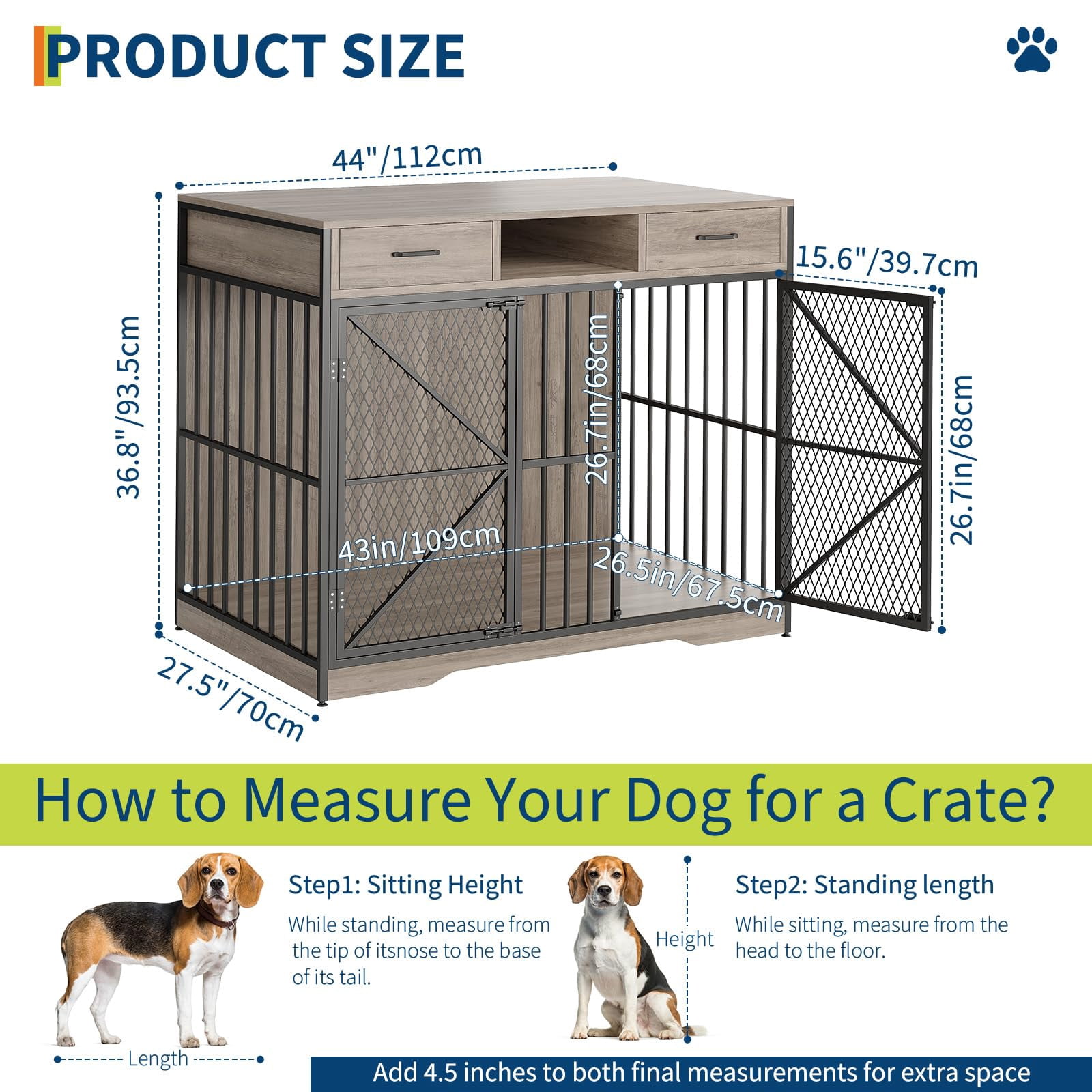 44 Inch Dog Crate Furniture, Heavy Kennel Coffee Table with Storage Drawer and Two Locked Doors, Suitable for Indoor Pet Cages of Medium and Small Varieties