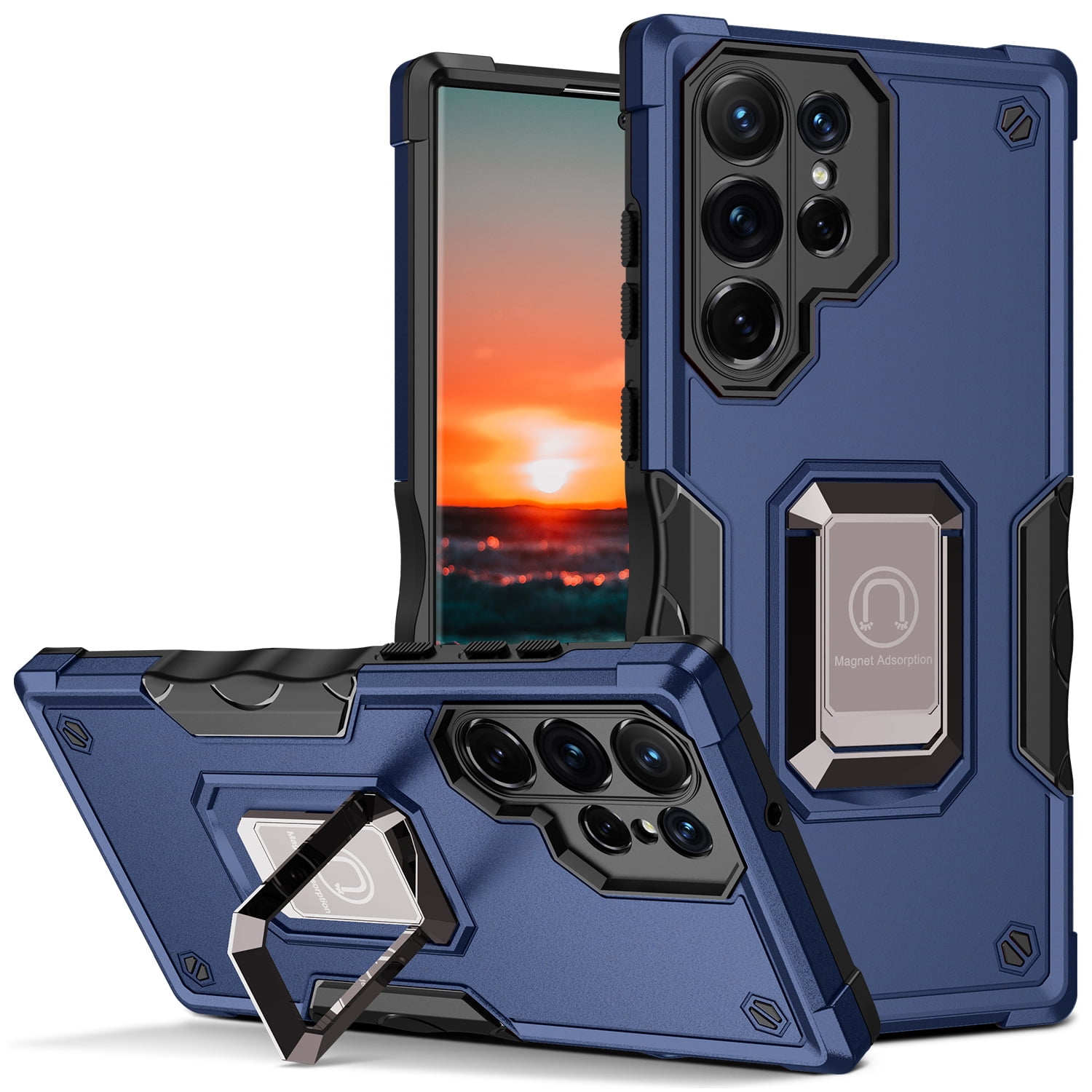 TJS for Samsung Galaxy S22 Ultra Phone Case, [Military Grade] Heavy Duty Magnetic Support Ring Kickstand Cover for Galaxy S22 Ultra (Blue)
