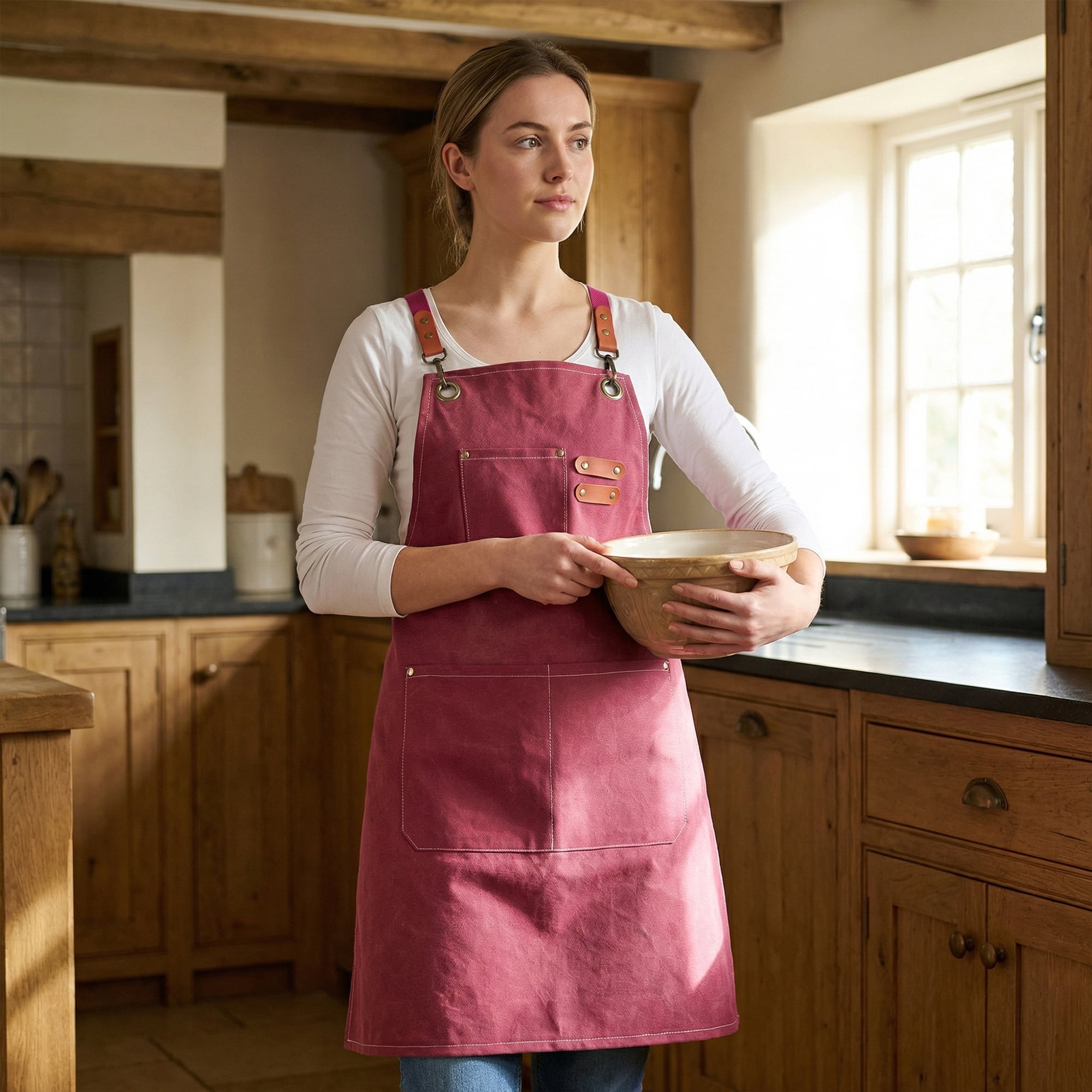 Unique Bargains Adjustable Long Waist Kitchen Apron with Pockets for People Deep Red