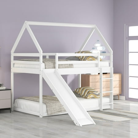 Hassch Twin Size Bunk House Bed With Slide And Ladder White