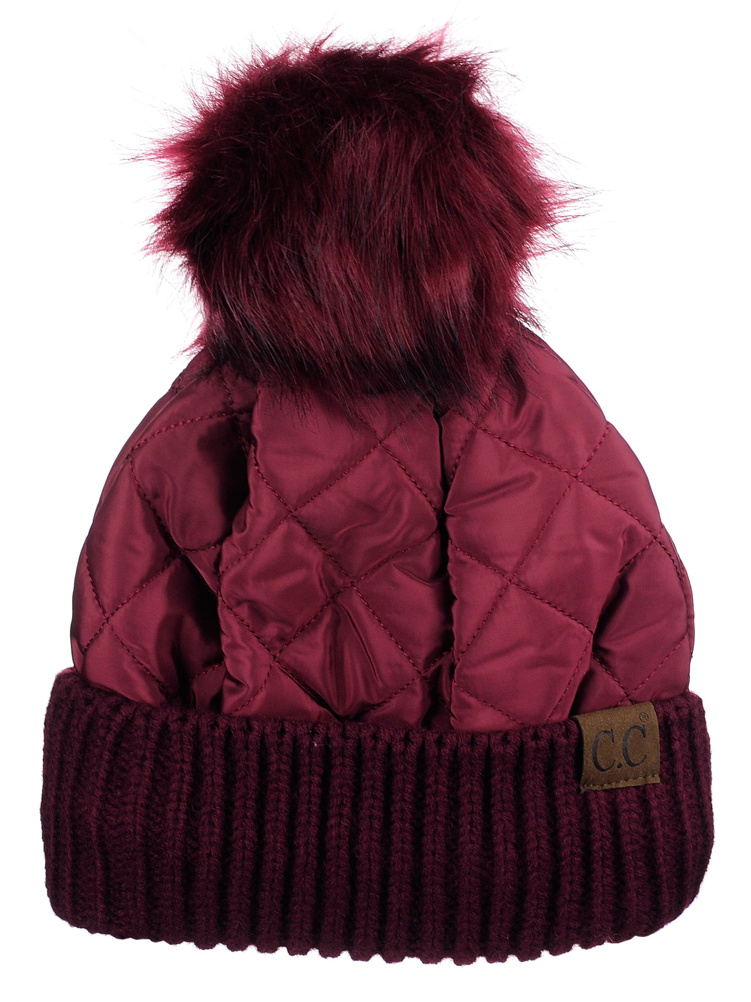 C.C Soft Quilted Puffer Detachable Faux Fur Pom Inner Lined Cuff Beanie