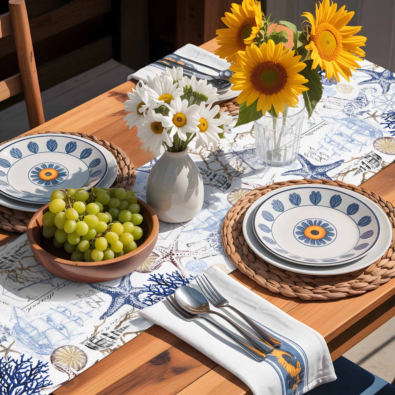 Ocean Starfish Blue Coral Table Runner 90 Inches Long, Nautical Anchor Vintage Boat Table Runners Tabletop Scarf Kitchen Dining Tables Decoration for Home Party Indoor Outdoor