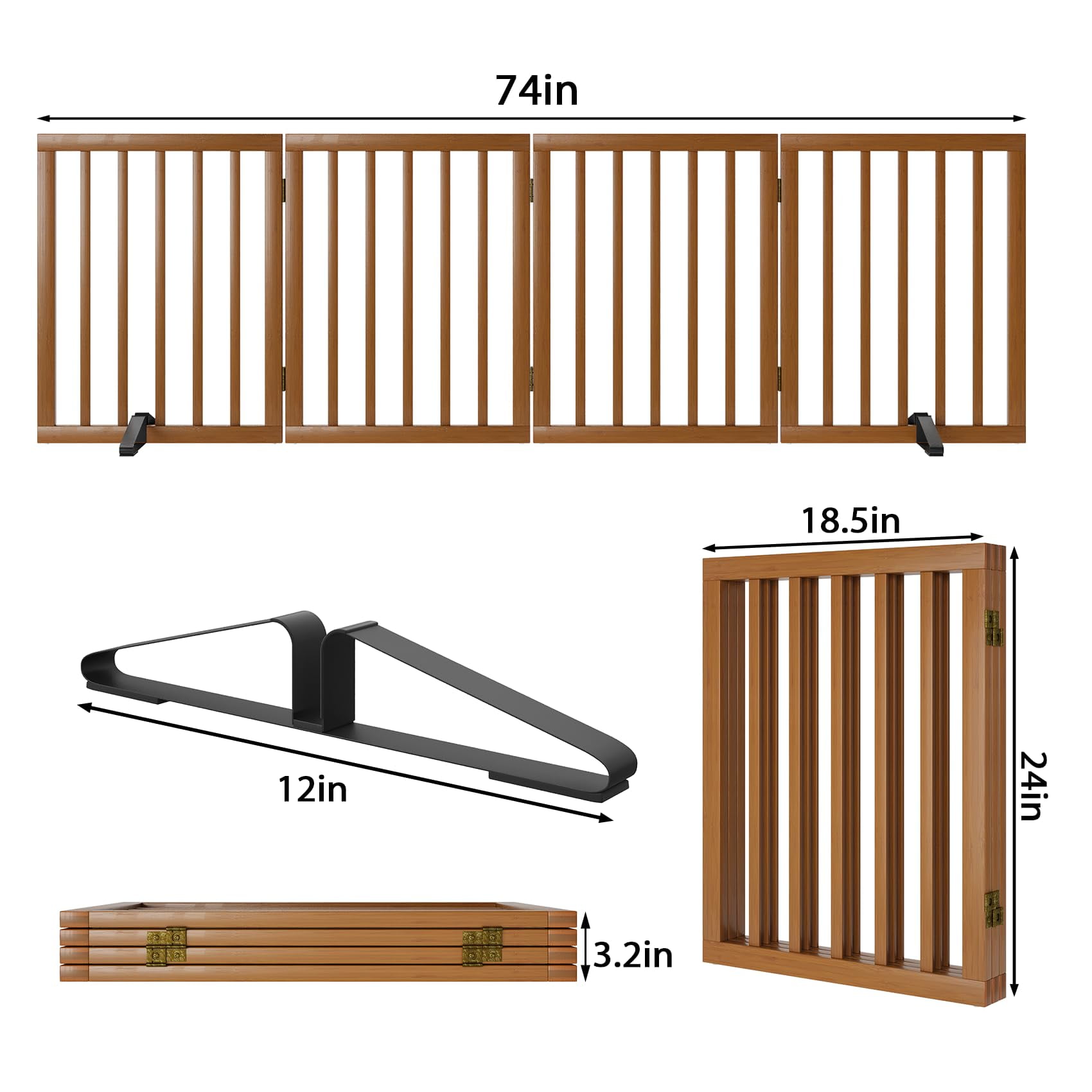Smart FENDEE Bamboo Dog Gate Freestanding Pet Gate with 2 Support Feet for Doorways,Walnut,24"H,4 Panel