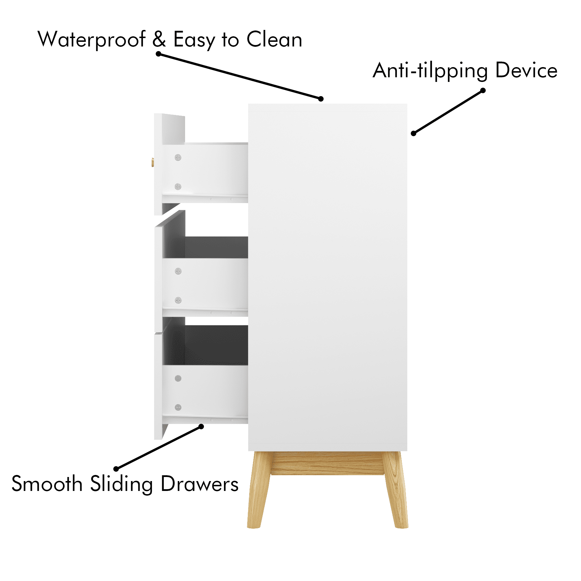 31.5-Inch Nordic Style 3-Drawer Storage Cabinet with Rose Gold Handles and Solid Wood Base, Modern Chest and Dresser for Office Kids Room, White and Natural
