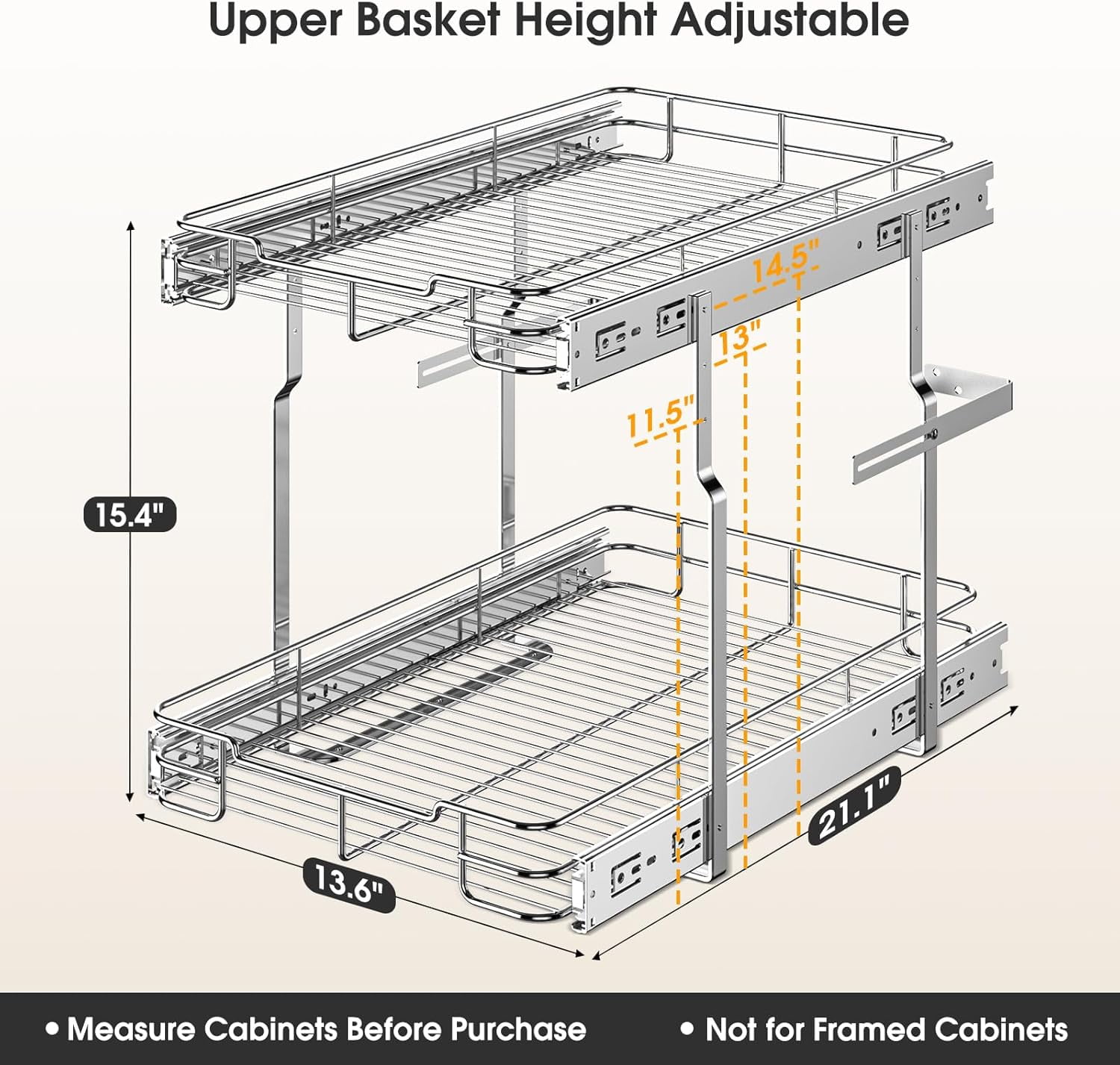 ORDORA 2 Tier Pull Out Cabinet Organizer, Heavy Duty Shelves for Kitchen Bathroom, Slide Out Chrome Steel Shelf Organizer
