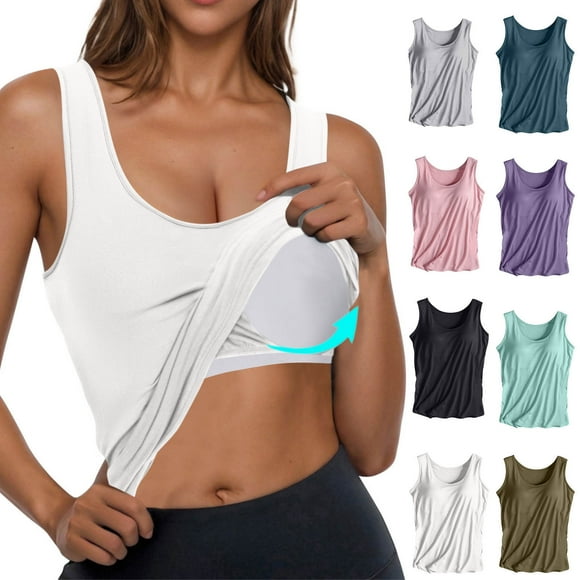 Eiyaclvo Womens Tank Tops with Built in Bras Casual Soft Sleeveless Camisole Top Solid U Neck Tank Shirts Basic Workout Yoga Undershirts