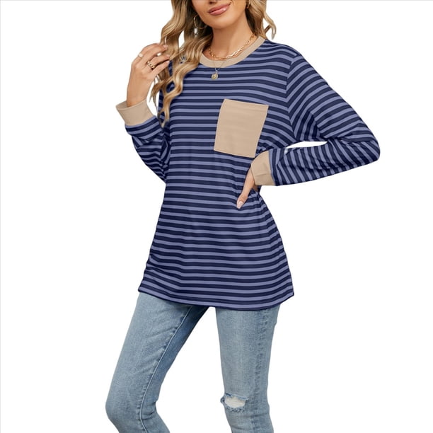 Camisas de Larga para Mujer, Cuello Redondo A Rayas, Corte Holgado, Camiseta de Bloques de Color Otoño 2025 con Bolsillo Tiras Azul Marino M