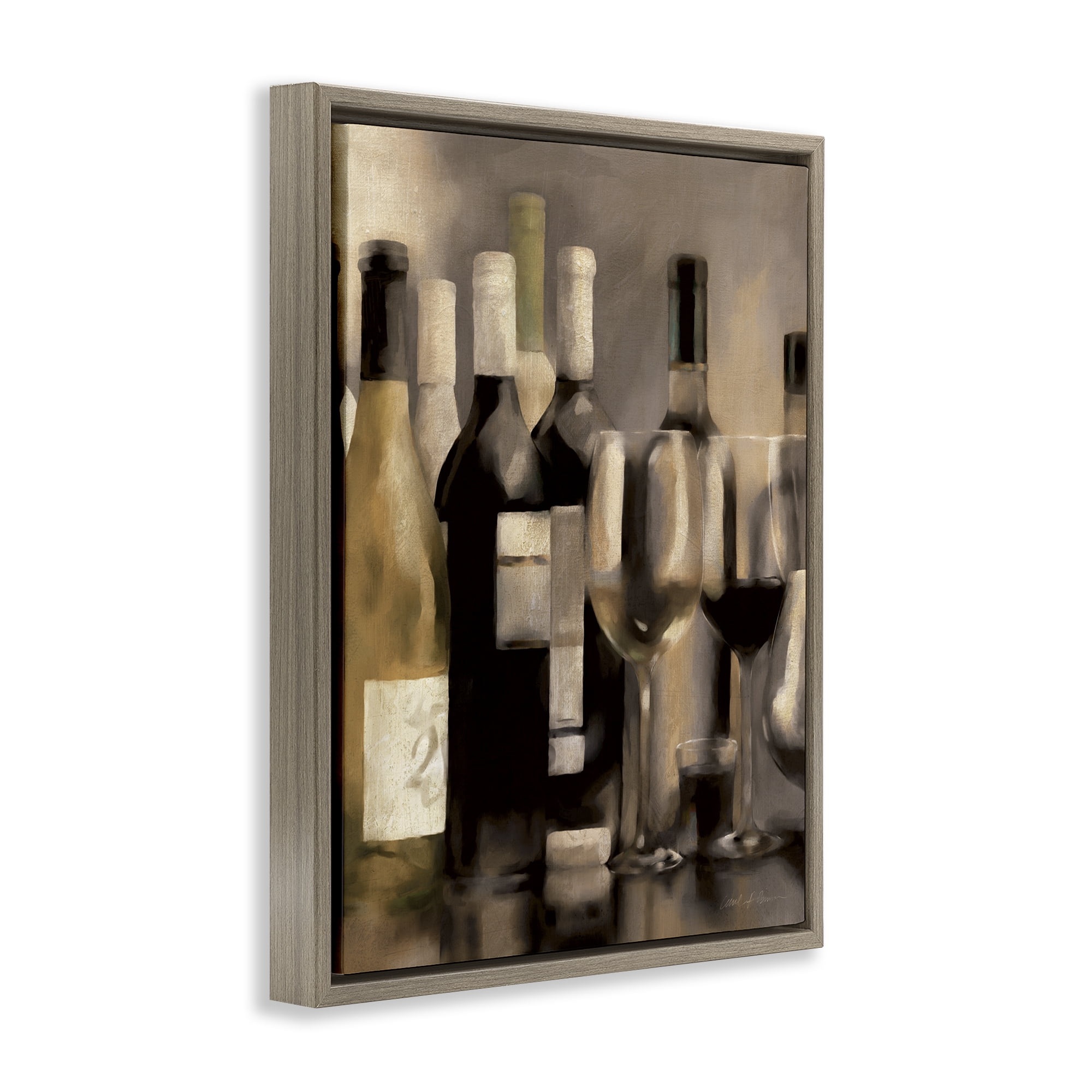 Stupell Industries Wine Bottles on Bar Food & Beverage Painting Brown Floater Framed Canvas Art Print Wall Art, 25 x 31