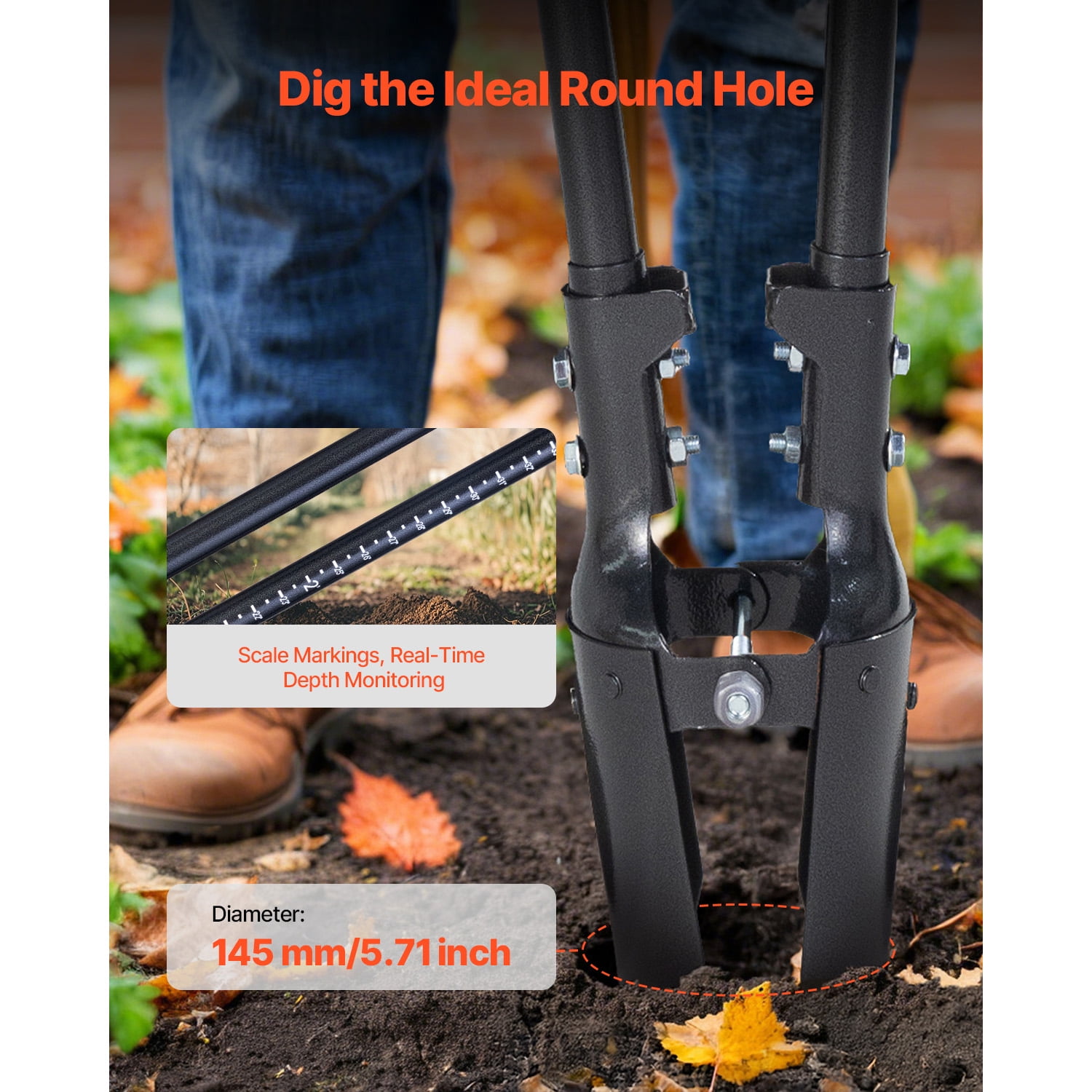 KFFKFF Ground Borer, Robust Ground Borer with Carbon Steel Grip, Handheld Excavator with Measurement Indicators and Metallic Edge, Ground Borer Instrument for Outdoor Horticulture, 57.5-Inch