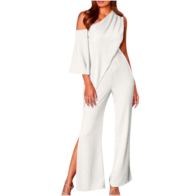 JUNWELL Womens One Shoulder Elegant Jumpsuits 3/4 Sleeve Solid Color High Waisted Side Split Wide Leg Rompers Jumpsuits