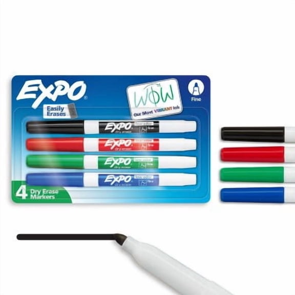 Expo 4pk Dry Erase Markers Fine Tip Multicolored: Whiteboard & Skinny Low-Odor Markers for Art & Office, Ages 10 