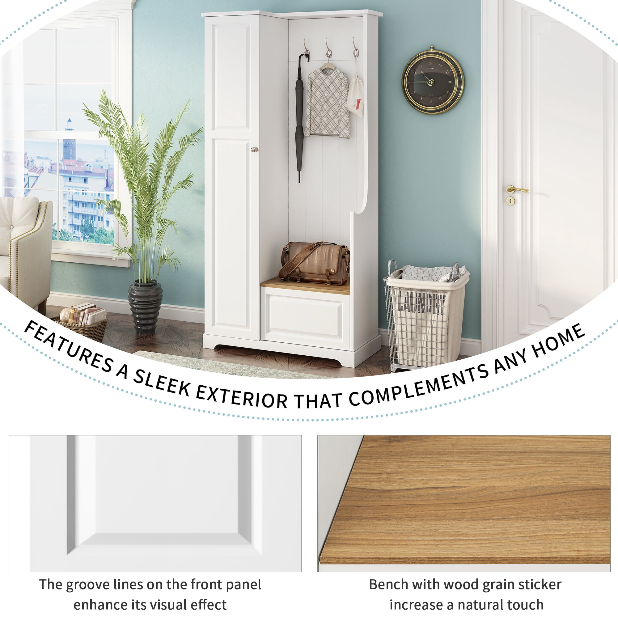 Leumius Hall Tree with Flip-Up Bench, Minimalist Hallway Shoe Cabinet with Adjustable Shelves, Multifunctional Furniture with Hanging Hooks for Entryways, Mudroom, White