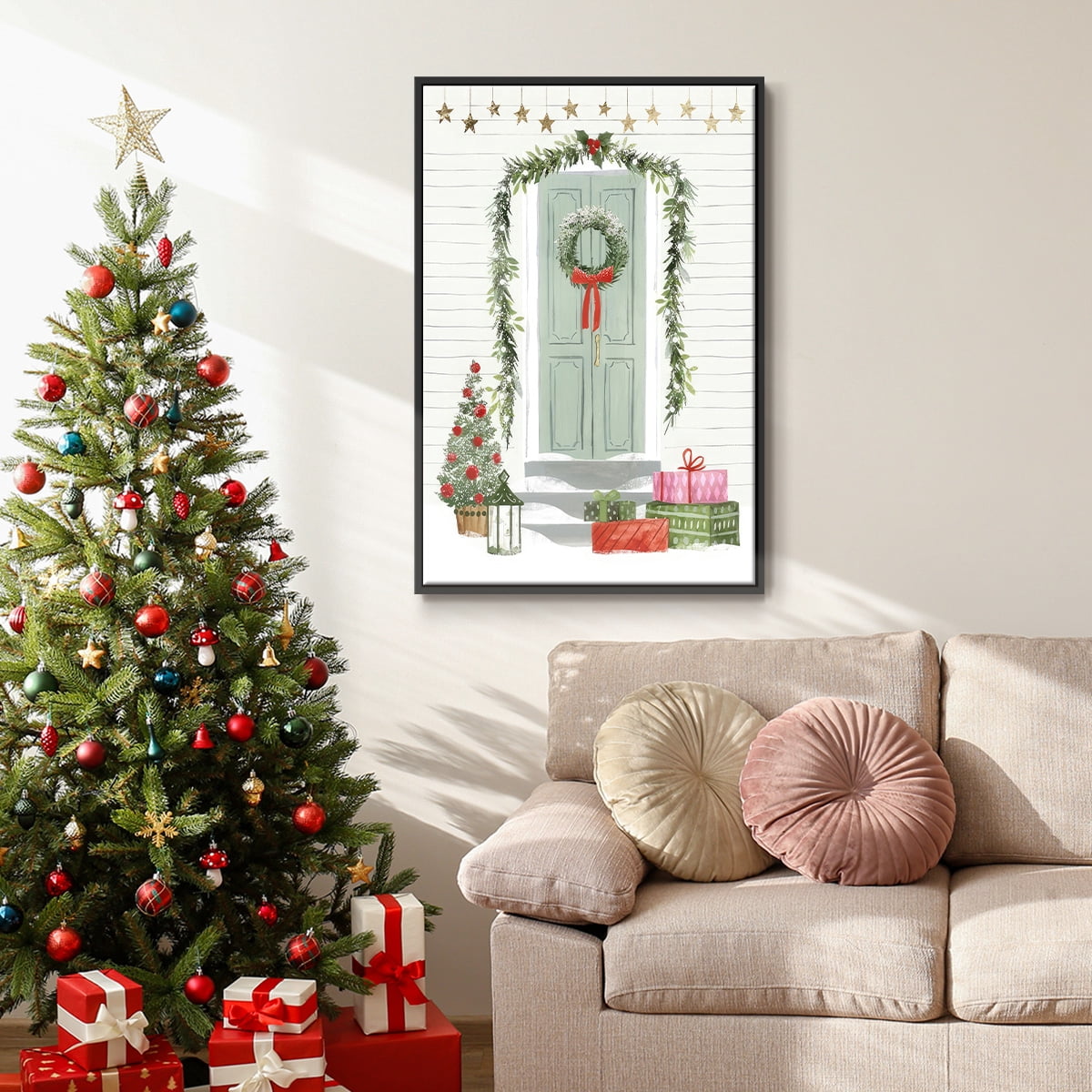 Festive Front Door I - Framed Gallery Wrapped Holiday Canvas - 17 x 25 - Black Frame