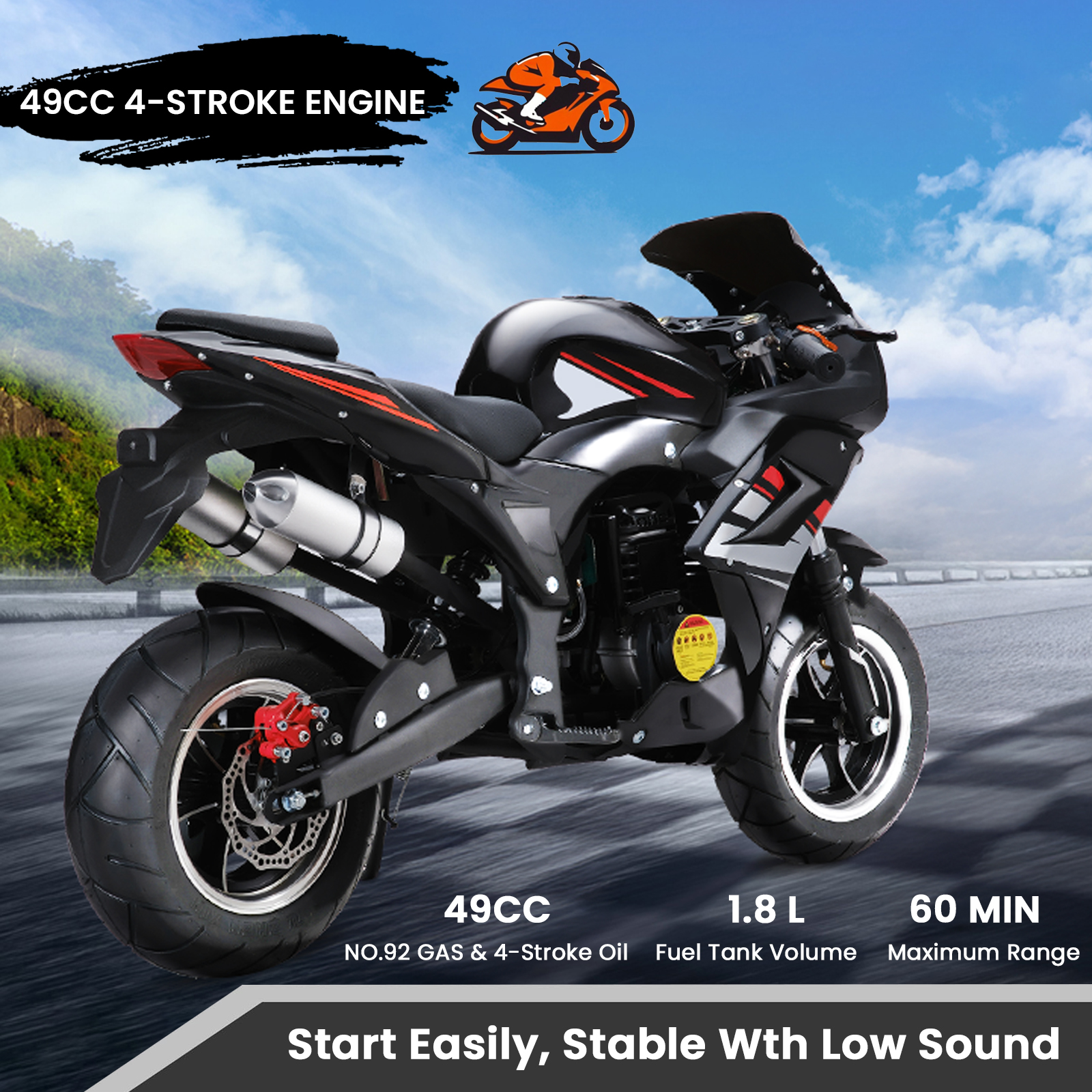 Pocket Rocket Motorcycle - 49cc 4-Stroke Gas with 8" Wheels, Front & Rear Disc Brakes & Headlights
