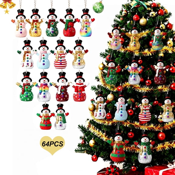 LOVE EYE 64 Pcs Christmas Snowman Ornaments, Christmas Tree Wooden Decorations with String for Living Room Winter Holiday Party Window Garden