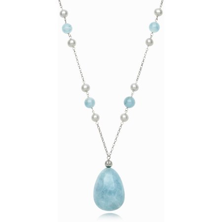 Milky Aquamarine and 6-7mm Cultured Freshwater Pearl Sterling Silver Teardrop Necklace, 18