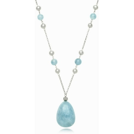 - Milky Aquamarine and 6-7mm Cultured Freshwater Pearl Sterling Silver Teardrop Necklace, 18