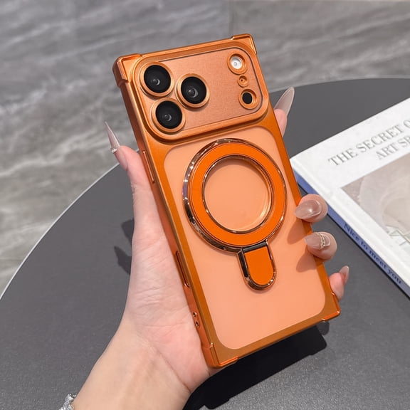 Magnetic Case For iPhone 15 Plus Compatible with MagSafe, Heavy Duty Shockproof Military Grade Phone Cover with Built-in Camera Protector & Ring Kickstand, Slim Fit Protective Case,Orange