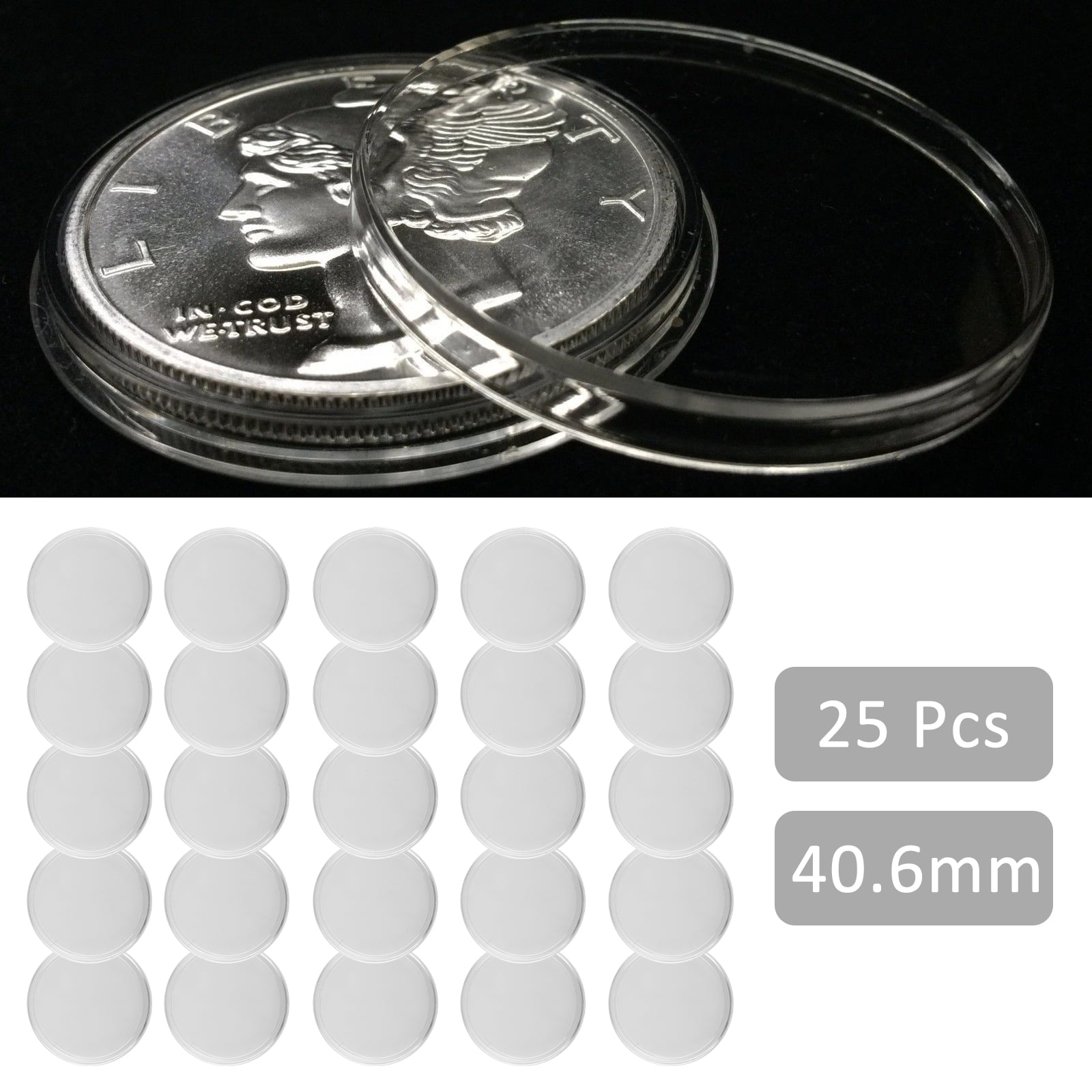40.6mm Coin Capsules, TSV 25pcs Clear Round Coin Holder Case, Plastic