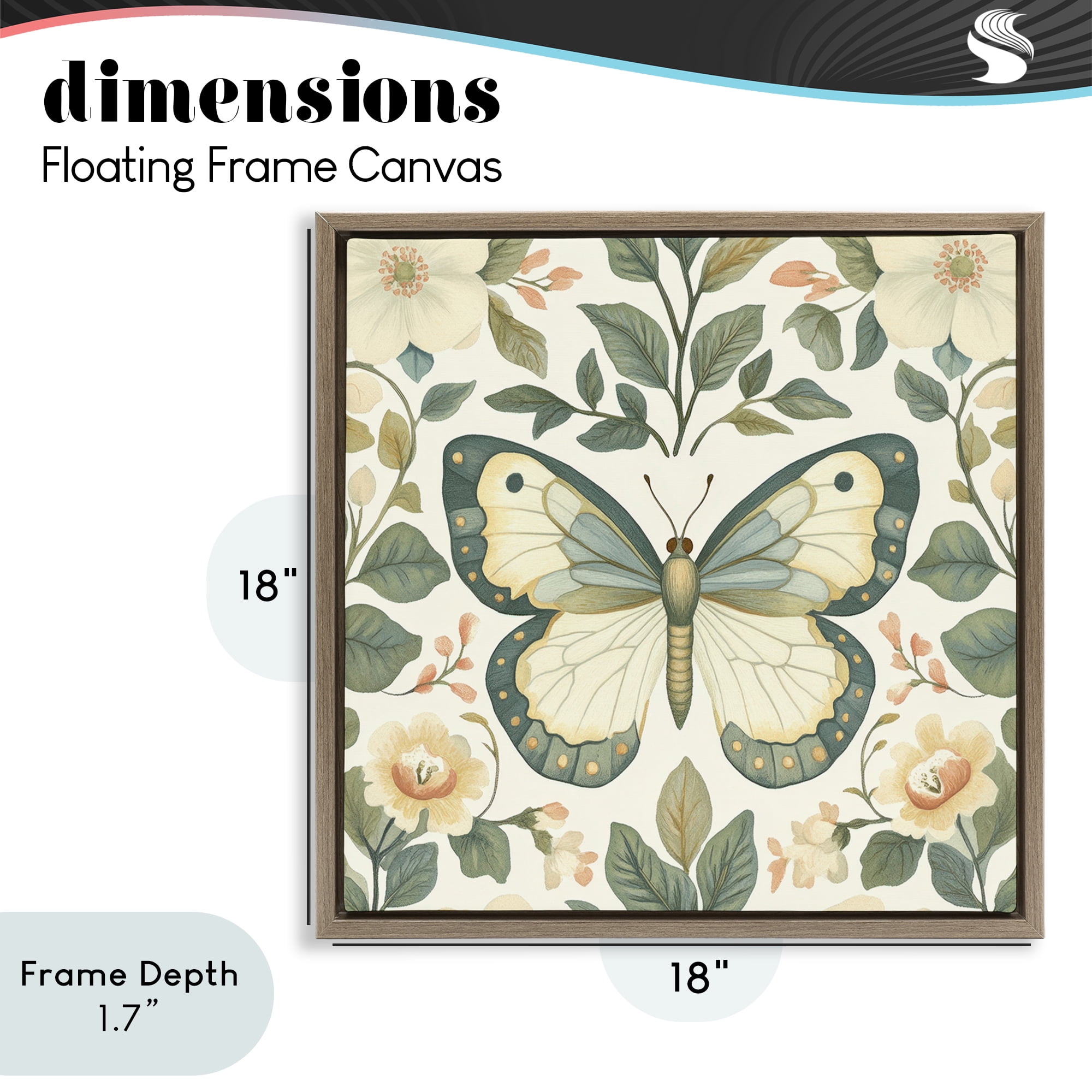 Stupell Industries Sage Butterfly and Florals Brown Framed Floater Canvas Wall Art, design by Petal Prints Design