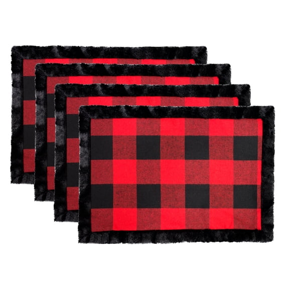 Unique Christmas Buffalo Plaid Red and Black with Faux Fur Border Design Placemat (Black Fur Placemat 13"x19" Set of 4)