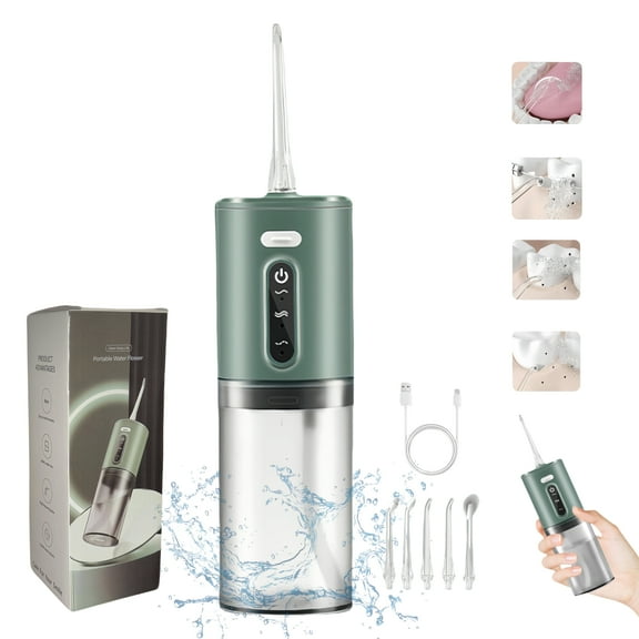 KYFIU Portable Water Flosser, Dental Teeth Cleaner,Stone Removal and Cleaning Device, Long-lasting Battery Life, 3 Modes and Safe Waterproof, 5 Nozzle Set with 280ml Water Tank, Green