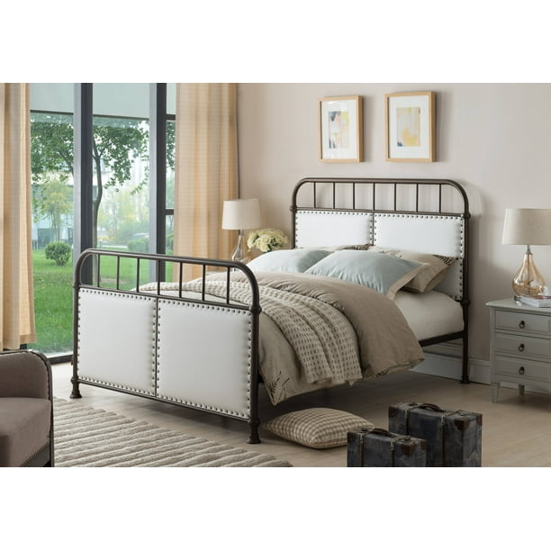 Alpine Pewter King Size Upholstered Faux Leather Transitional Metal Bed Headboard Footboard Rails Slats Com Alpine Pewter King Size Upholstered, King Size Metal Bed Headboard And Footboard