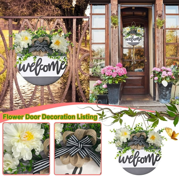 OUHUON Welcome Sign Wood Flower Spring Door Sign Wedding Door Sign ...