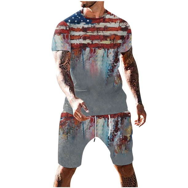 Mens Pantalones Casuales Cuello Redondo Impresión de Manga Corta Blusa Y Pantalones Cortos Traje, Pantalones de Traje para Hombres