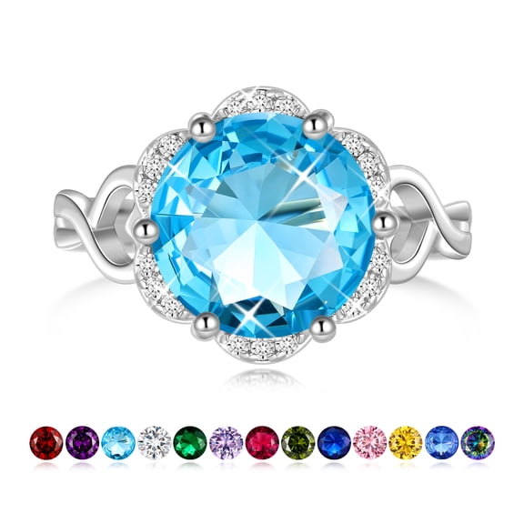 Juwaliy Silver Plated Women Rings Halo Round March Birthstone Ring Aquamarine Blue Band Jewelry Mother Birthday Wedding Valentines Day