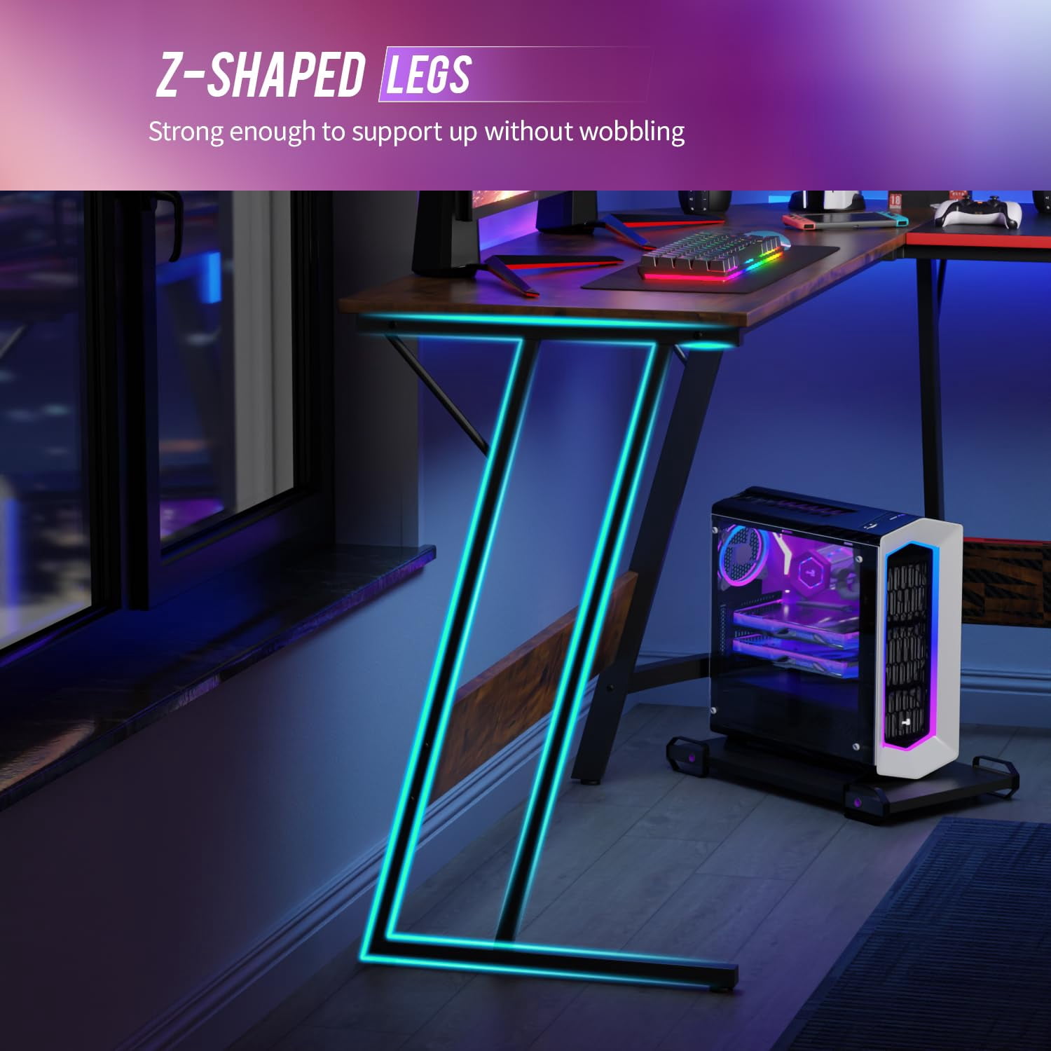 YRLLENSDAN L Shape Gaming Desk Table, 50 Inch Corner PC Gaming Desk with Monitor Stand, L-Shaped Computer Desk Table, Gamer Work Desk for Home Office, Brown