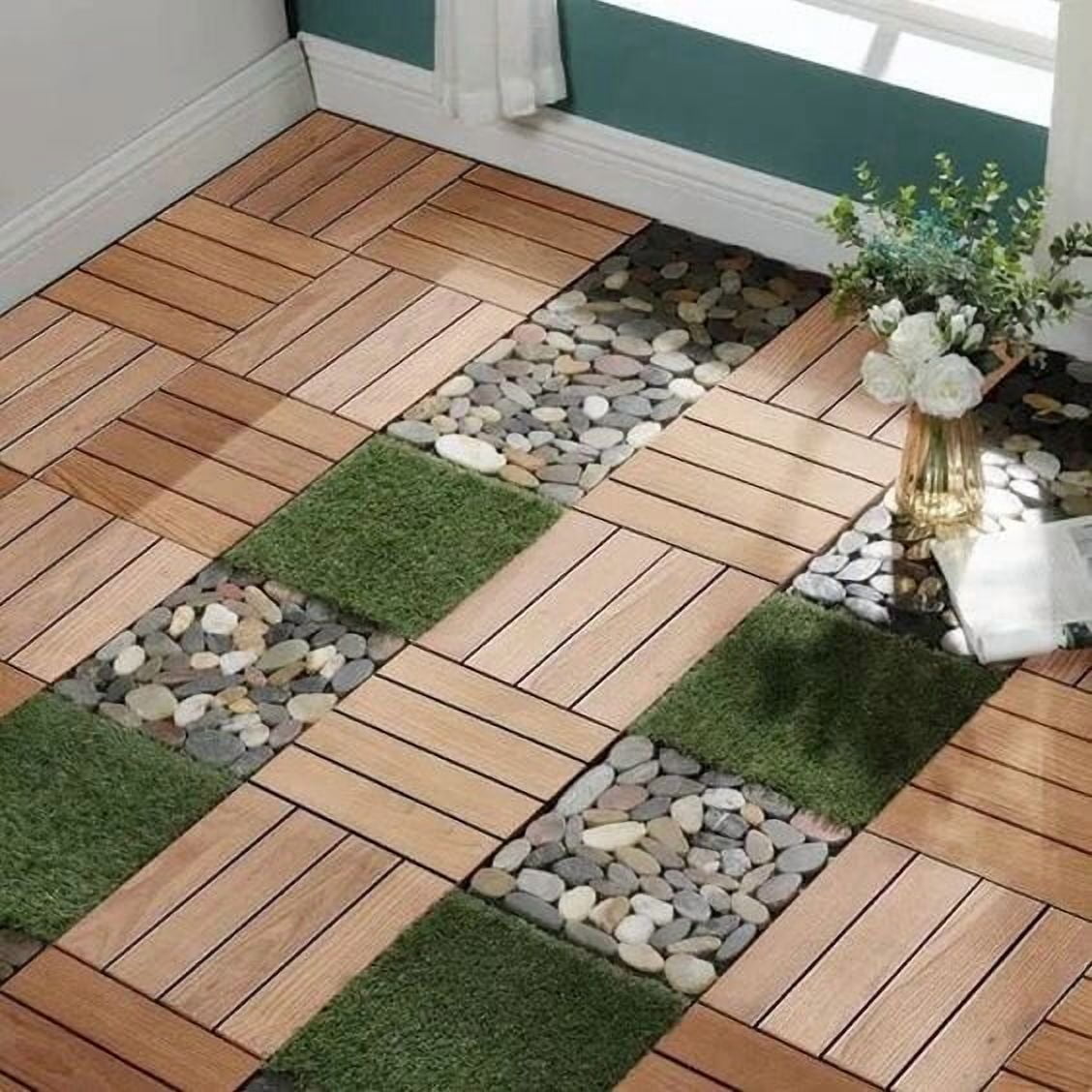 11 Pack 11.8" Oak WPC Interlocking Deck Tiles, Wood-Plastic Composite DIY Patio Floor Tiles, Water Resistant Indoor Outdoor Quick Install Decking Tiles