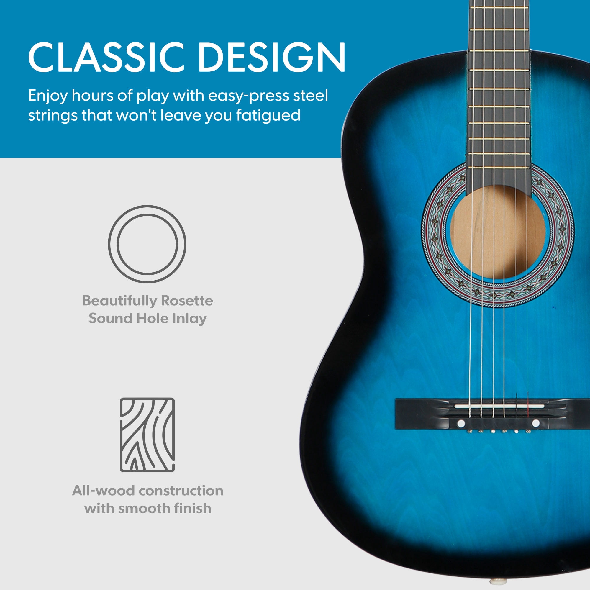 ZenSports 38-in Kids Beginner Acoustic Guitar Starter Kit 6 Strings W/Case, Strap, Tuner, Pick - Blue