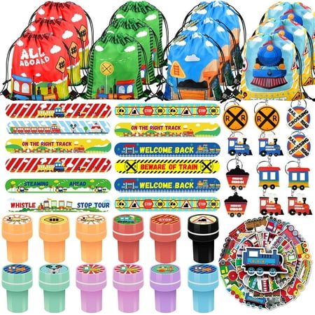 98 Pcs Train Party Favors,Train Print Party Supplies Include Stickers Stamps Keychains Slap Bracelets and Drawstring Bags Party Decorations for Kids TrainTheme Birthday Party Favors Supplies