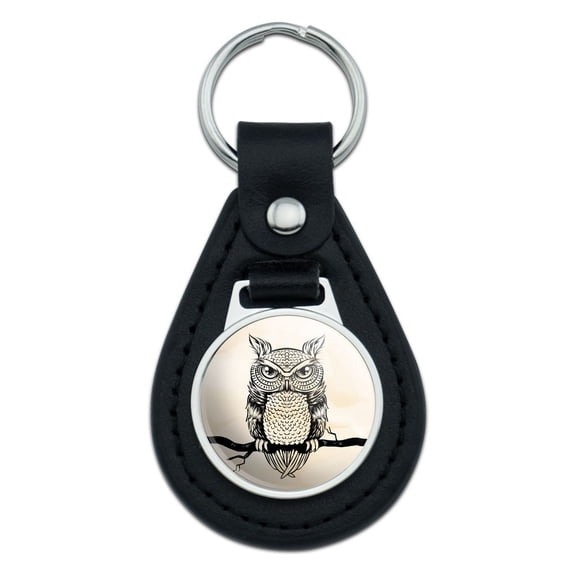 Owl Perched on Tree Branch Black Leather Keychain