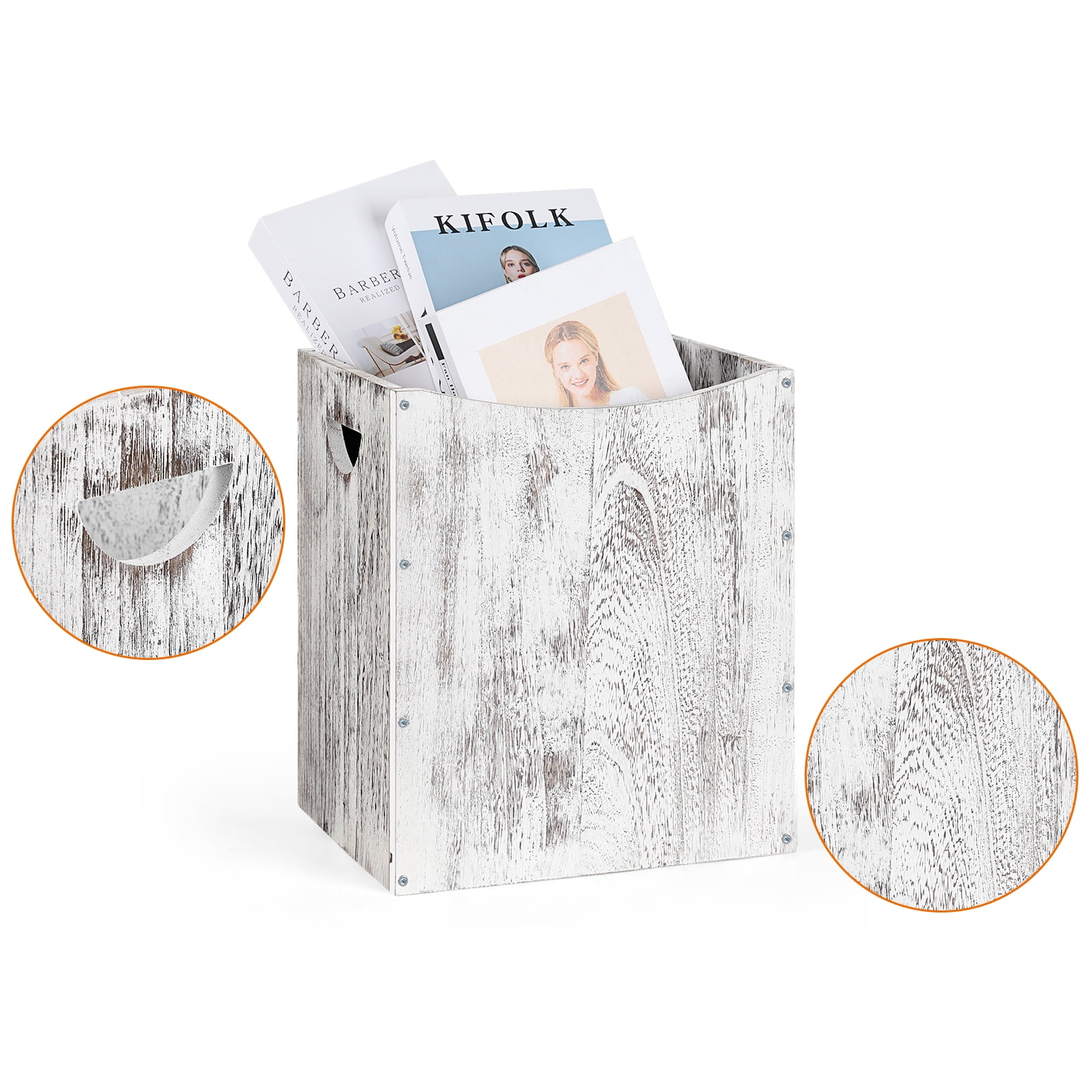 5.3 Gallon Rustic Wood Trash Can Wastebasket with Handles, White-Brown