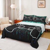 jejeloiu Cute Console Gamepad Bed Sheets,Gamer Gaming King Sheets,Cyan Black Sheet Set For Girls Boys,Super Cozy Room Decor,4pcs